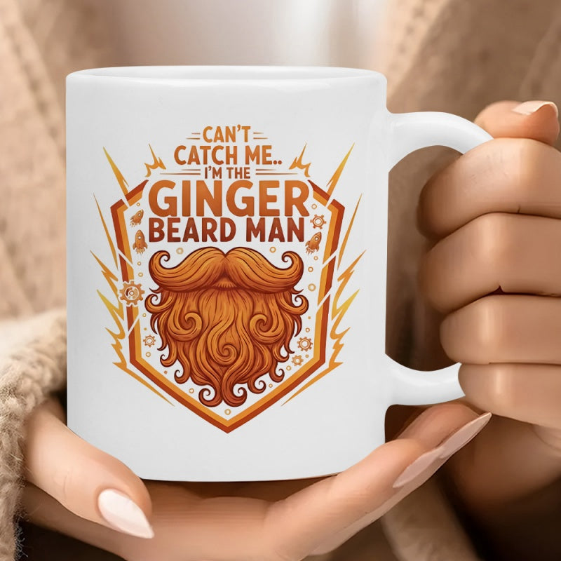 Tailorly White Ceramic 11 oz Mug - Cant Catch Me Im The Ginger Beard Man Large Stylized Orange Beard Inside Hexagonal Frame With Radiant Lightning Effects Beard