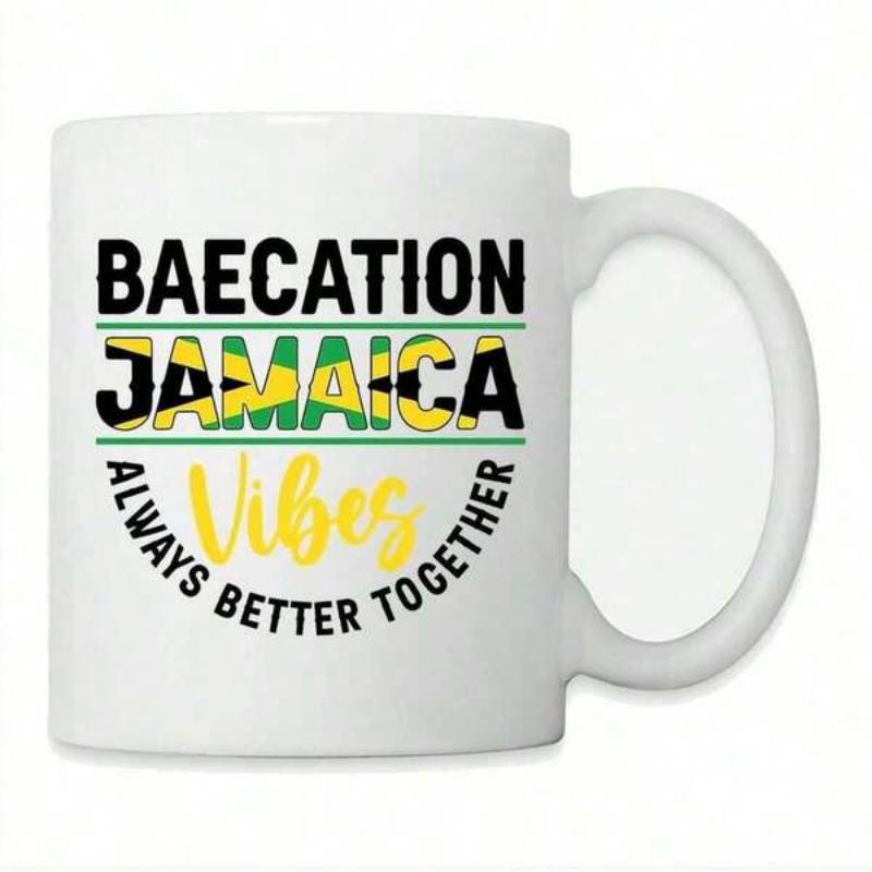 Tailorly White Ceramic 11 oz Mug - Baecation Jamaica Vibes Always Better Together Minimalist White Porcelain Surface Featuring Bold Themed Typography And Accents
