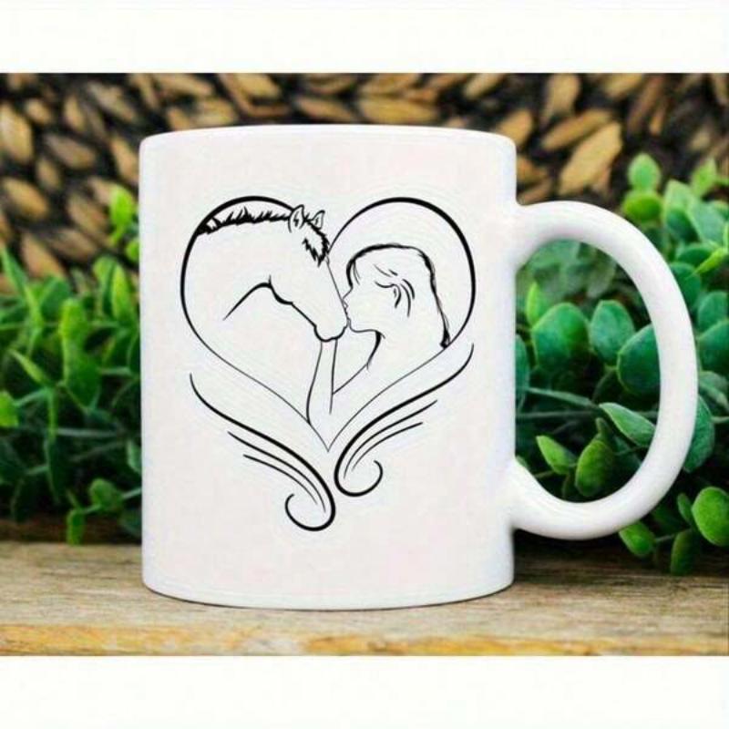Tailorly White Ceramic 11 oz Mug - Minimalist Black Line Art Of A Girl And Horse Forming Heart