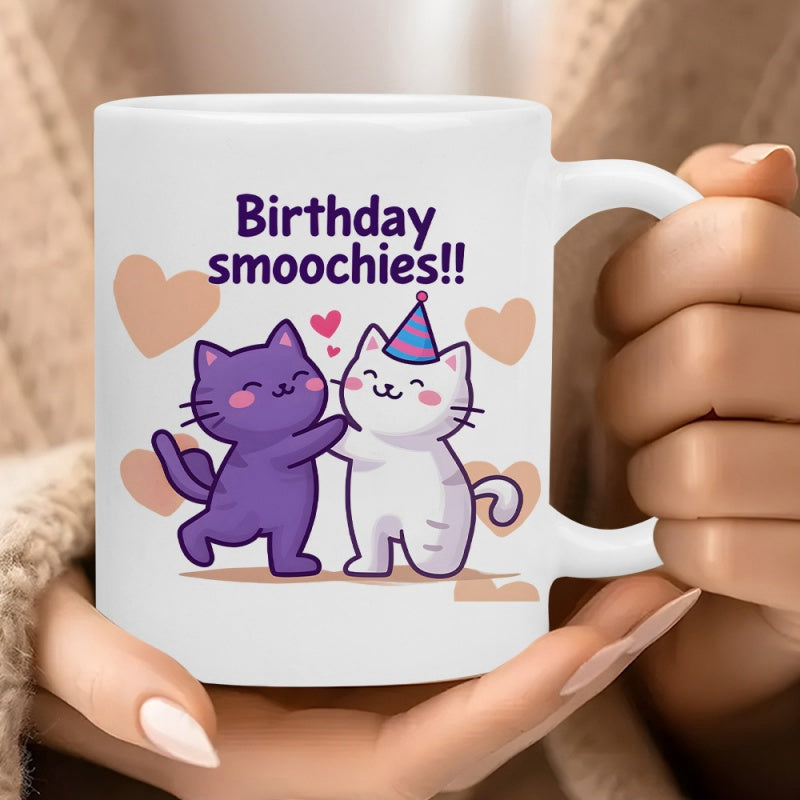 Tailorly White Ceramic 11 oz Mug - Birthday Smoochies Two Adorable Cartoon Kittens Celebrating Among Floating Hearts Wearing Festive Hat Cat