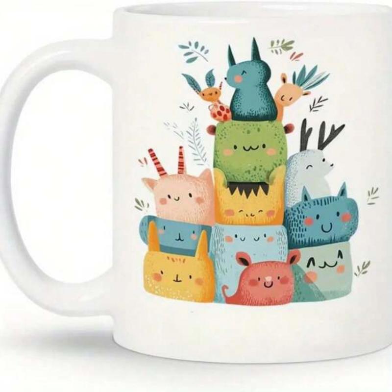 Tailorly White Ceramic 11 oz Mug - Colorful Hand Drawn Forest Spirits Stacked In A Playful Whimsical Tower Creatures