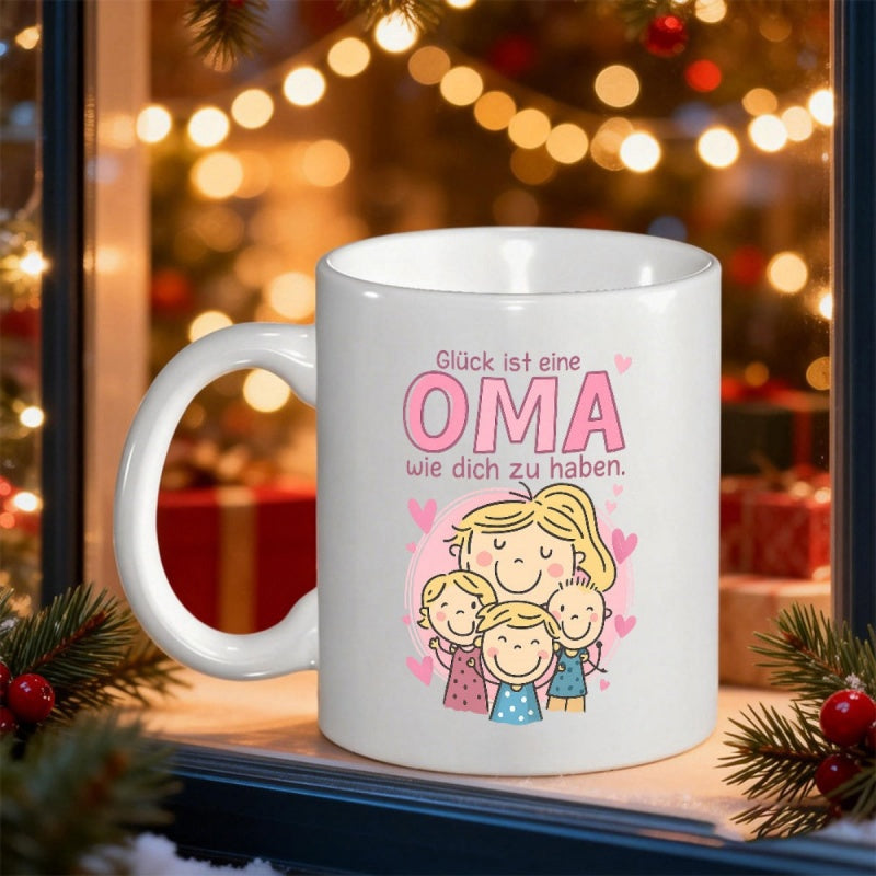 Tailorly White Ceramic 11 oz Mug - Cartoon Characters With Hearts Surrounded By Soft Warm Holiday Lighting Grandmother