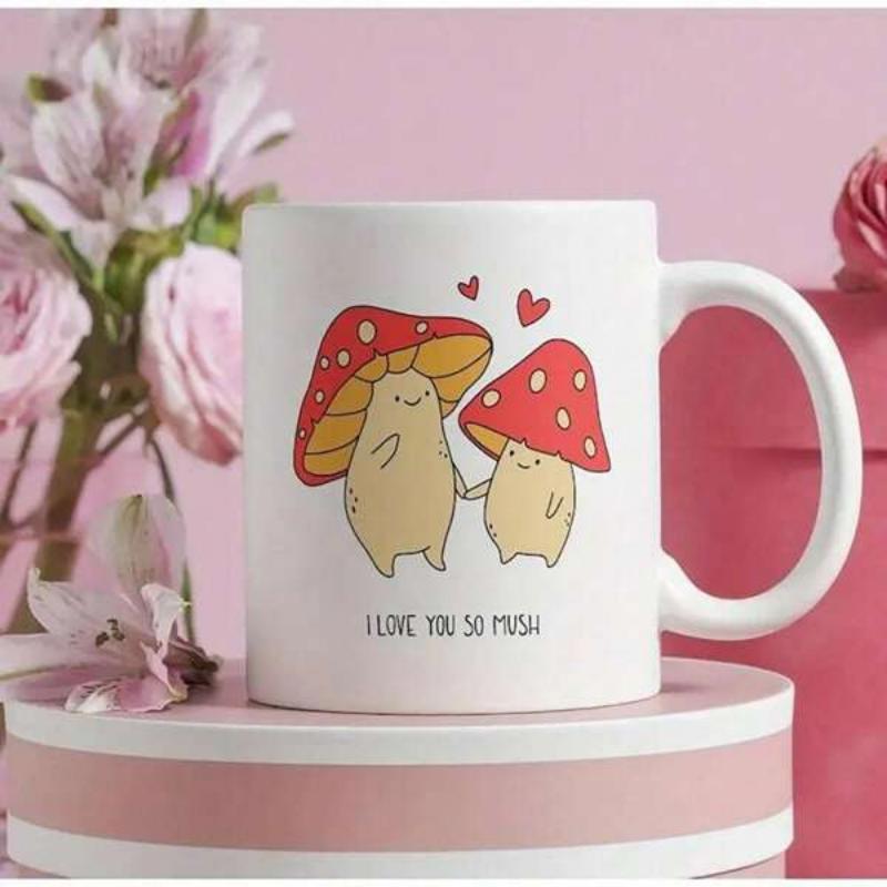 Tailorly White Ceramic 11 oz Mug - I Love You So Mush Two Cute Red Spotted Mushrooms Holding Hands With Floating Tiny Hearts Mushroom