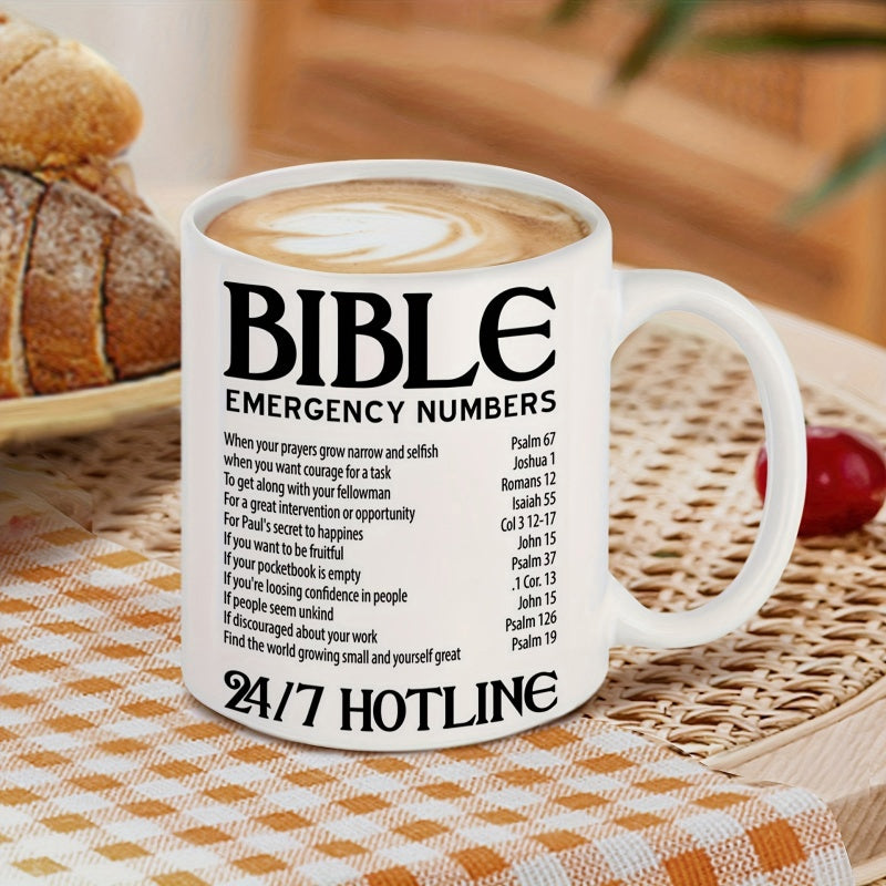 Tailorly White Ceramic 11 oz Mug - Bible Emergency Numbers 24 7 Hotline Minimalist Black Text List Of Inspirational Religious Verses On Ceramic Mug