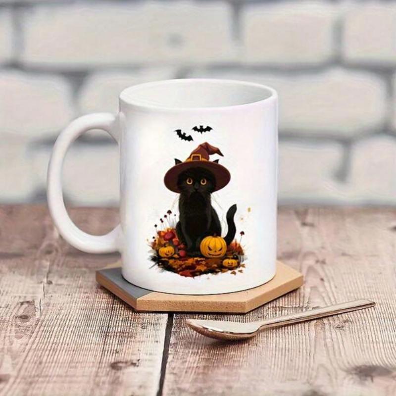 Tailorly White Ceramic 11 oz Mug - Adorable Feline Wearing Witch Hat Sitting Among Carved Autumn Halloween Pumpkins Cat