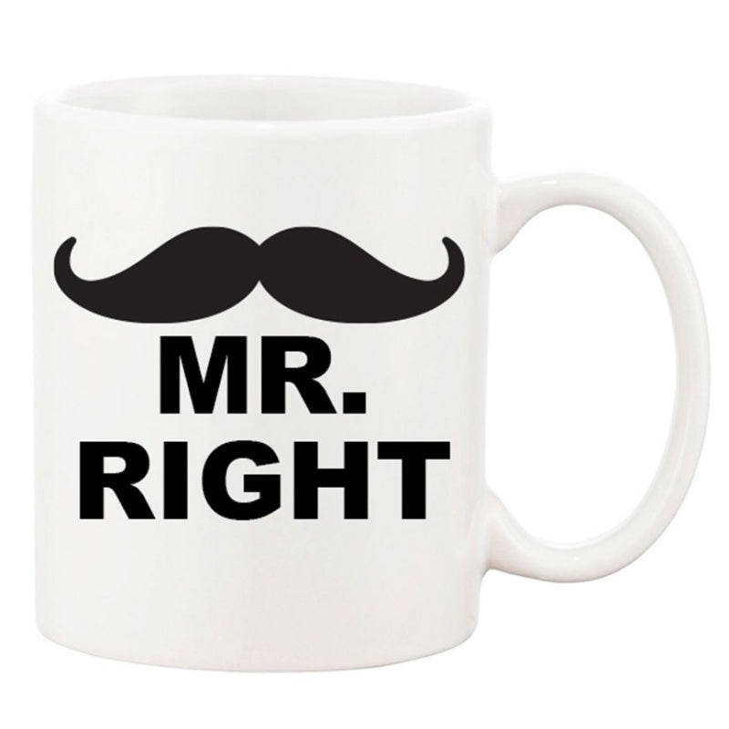 Tailorly White Ceramic 11 oz Mug - Mr Right Classic Black Handlebar Silhouette Symbol Printed On Clean Surface Mustache