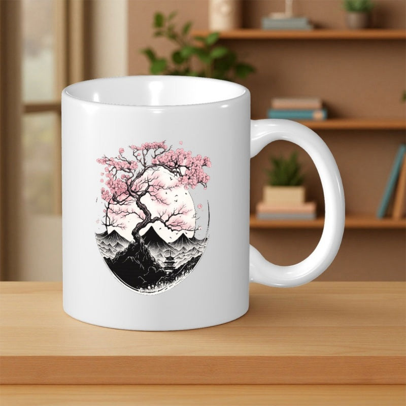 Tailorly White Ceramic 11 oz Mug - Serene Japanese Landscape With Blooming Cherry Blossoms And Distant Mountain Pagoda Tree