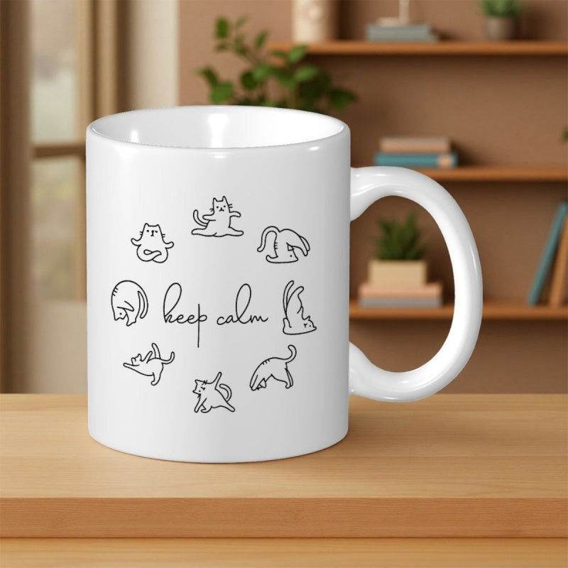 Tailorly White Ceramic 11 oz Mug - Keep Calm Minimalist Black Line Art Of Several Cats Doing Yoga Poses Cat