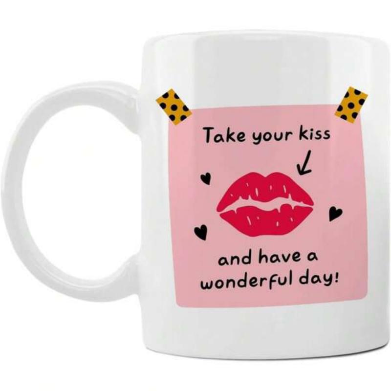 Tailorly White Ceramic 11 oz Mug - Take Your Kiss And Have A Wonderful Day Pink Sticky Note With Patterned Tape And Tiny Black Hearts Red Lips