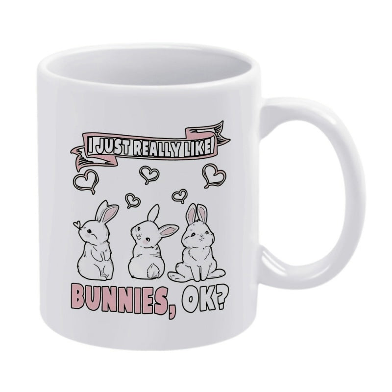 Tailorly White Ceramic 11 oz Mug - I Just Really Like Bunnies Ok Three Adorable White Bunnies Sitting Under Floating Hearts In Sketch Style Rabbit