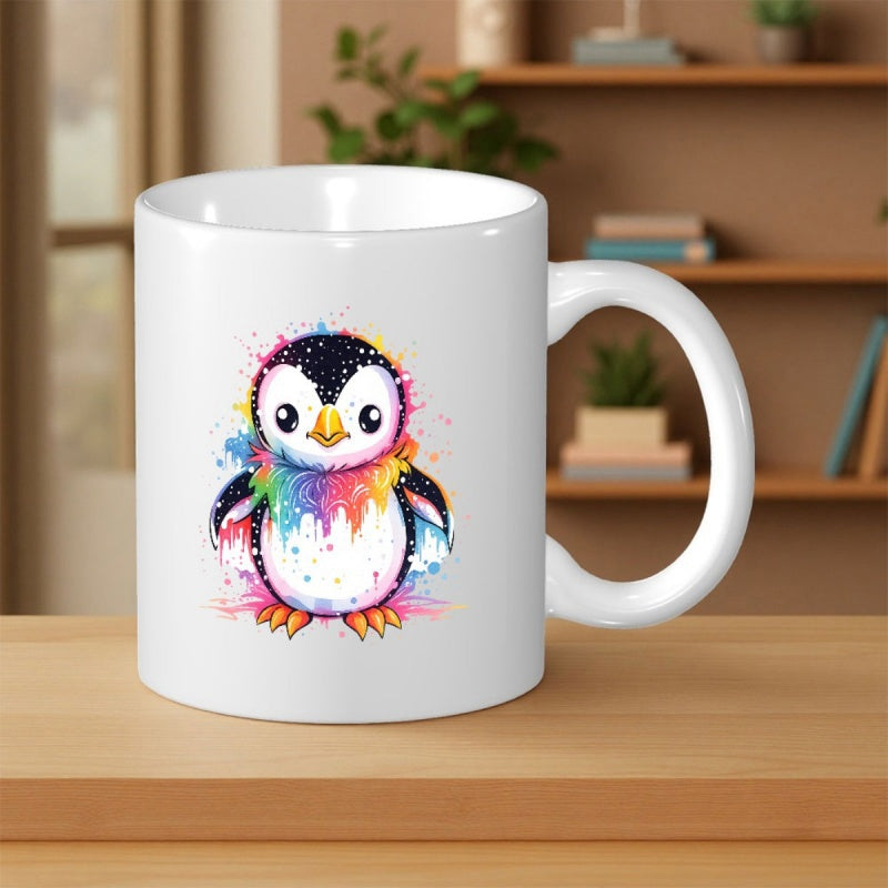 Tailorly White Ceramic 11 oz Mug - Adorable Small Bird With Colorful Rainbow Paint Splashes And Bright Eyes Penguin