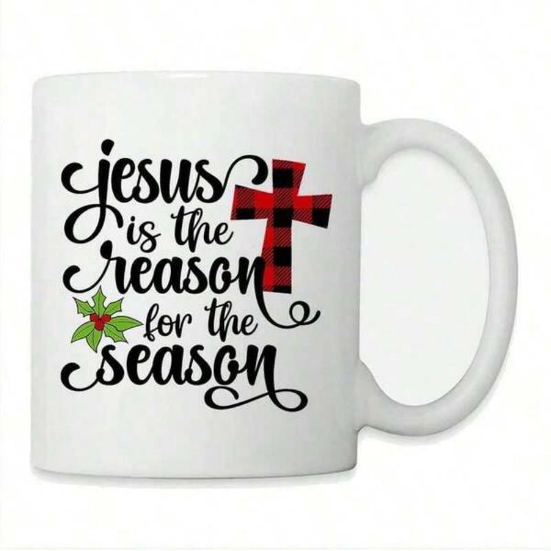 Tailorly White Ceramic 11 oz Mug - Jesus Is The Reason For The Season Decorative Red Buffalo Plaid Cross With Festive Green Holly Leaves Mug