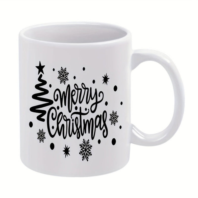 Tailorly White Ceramic 11 oz Mug - Merry Christmas Minimalist Wavy Christmas Tree Surrounded By Delicate Snowflakes And Dots Mug