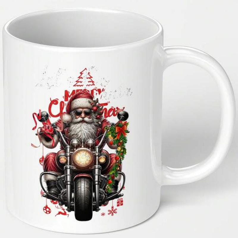 Tailorly White Ceramic 11 oz Mug - Merry Christmas Cool Santa Claus Riding A Classic Motorcycle With Festive Christmas Decorations Santa