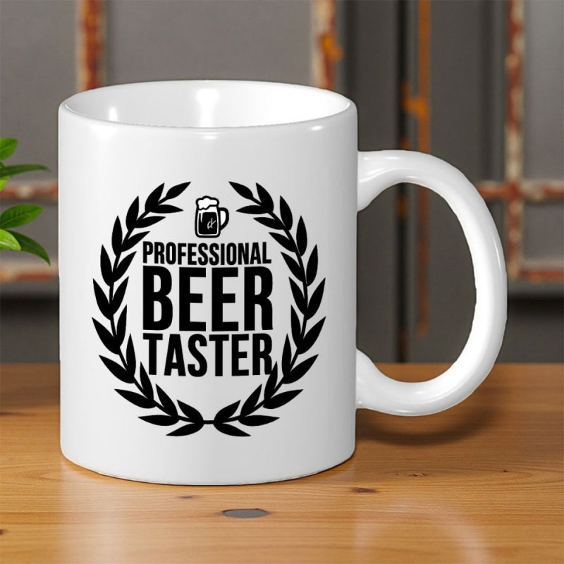 Tailorly White Ceramic 11 oz Mug - Professional Beer Taster Symmetrical Black Laurel Wreath Encircling Bold Text With Small Pint Beer Wreath