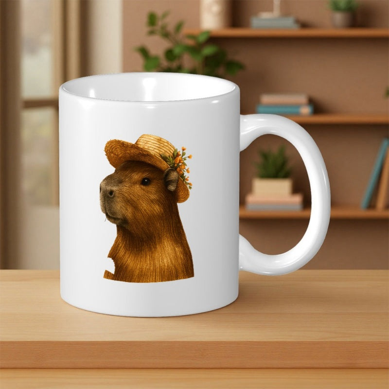 Tailorly White Ceramic 11 oz Mug - Cute Realistic Furry Animal Wearing A Straw Hat With Flowers Capybara