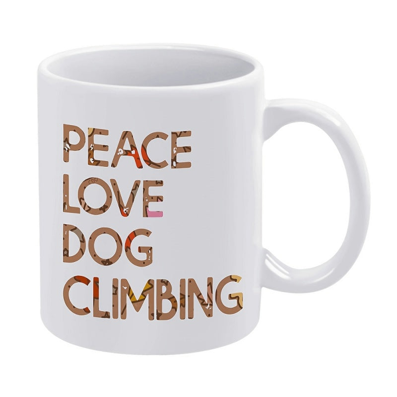 Tailorly White Ceramic 11 oz Mug - Peace Love Dog Climbing Artistic Bold Letters With Scenic Textured Patterns Modern Metal Sign