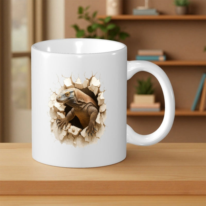 Tailorly White Ceramic 11 oz Mug - Realistic Reptile Emerging Through A Cracked Stone Wall Effect Looking Sharp Lizard