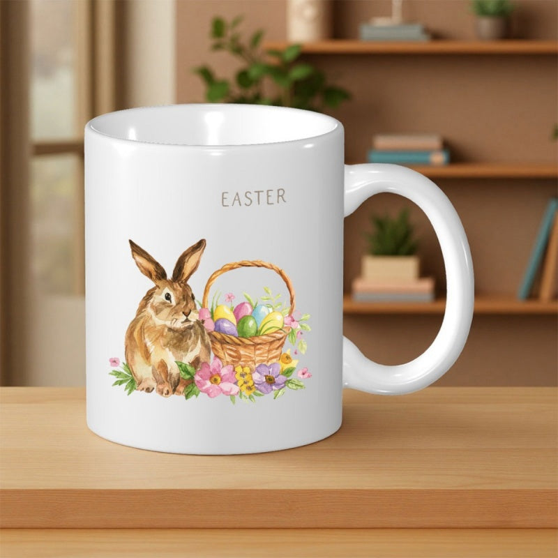 Tailorly White Ceramic 11 oz Mug - Easter Adorable Brown Bunny Sitting Beside Woven Basket With Colorful Eggs And Flowers Rabbit