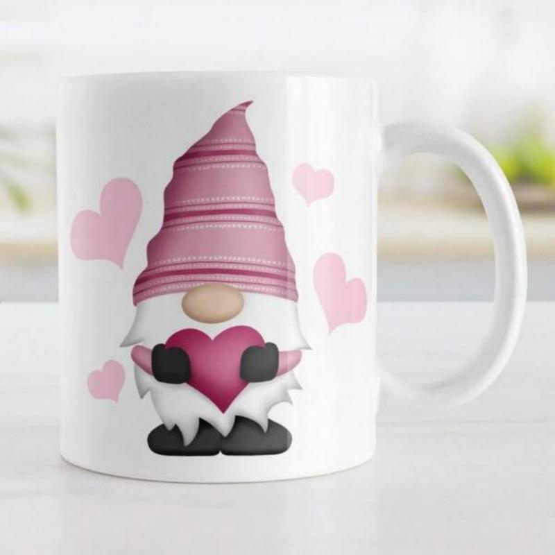 Tailorly White Ceramic 11 oz Mug - Cute Valentine Theme With Pink Hearts And Striped Hat Nordic Gnome