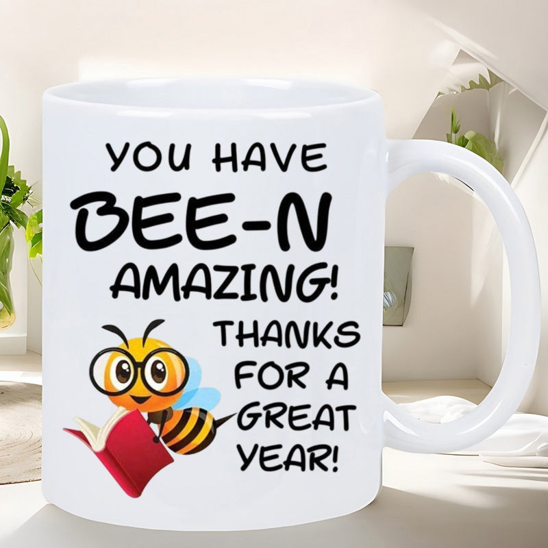 Tailorly White Ceramic 11 oz Mug - You Have Bee N Amazing Thanks For A Great Year Cute Cartoon Bee Wearing Round Glasses Reading An Open Red Book Bee