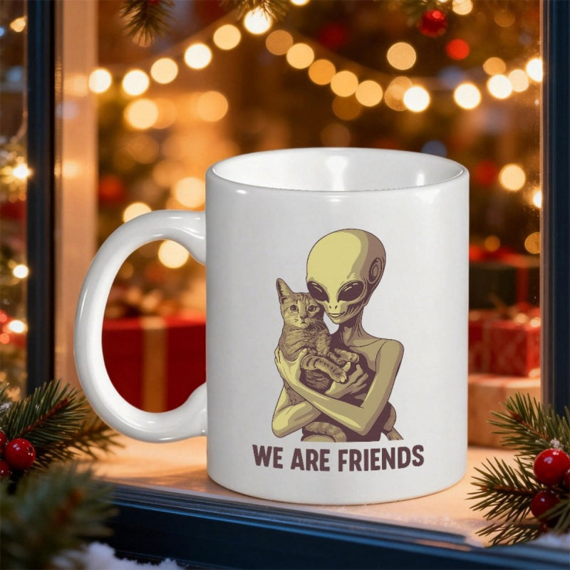 Tailorly White Ceramic 11 oz Mug - We Are Friends Gentle Extraterrestrial Being Embracing A Small Domestic Cat With Infinite Kindness Alien