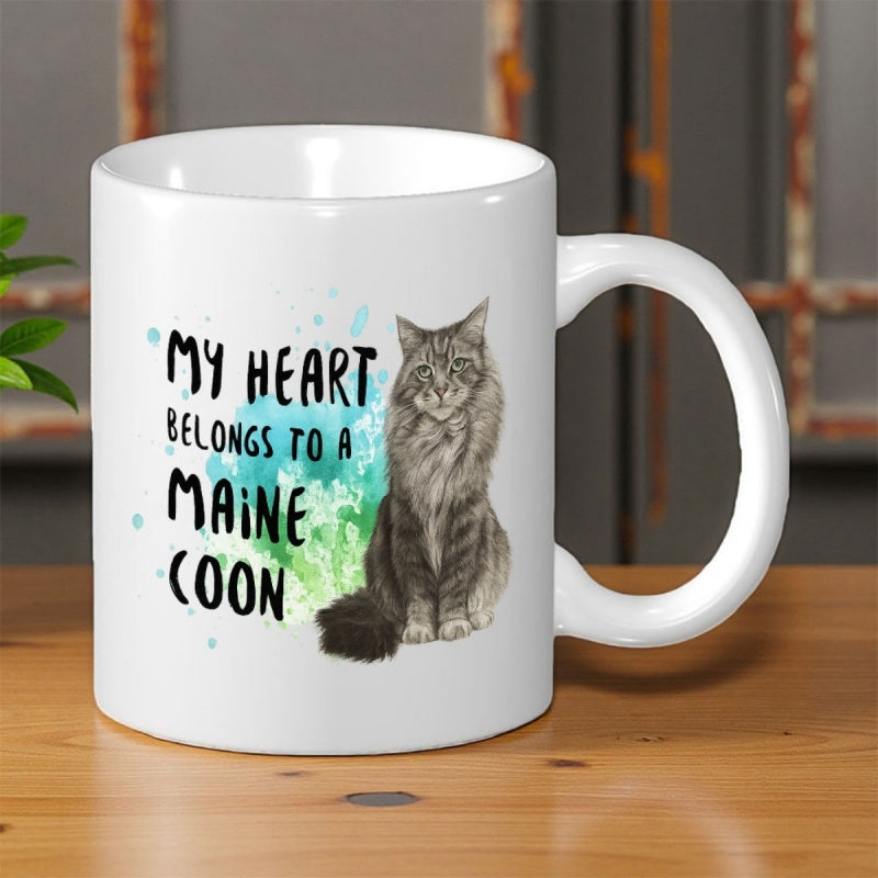 Tailorly White Ceramic 11 oz Mug - My Heart Belongs To A Maine Coon Artistic Green Watercolor Splash Behind Majestic Fluffy Hand Painted Sitting Maine Coon