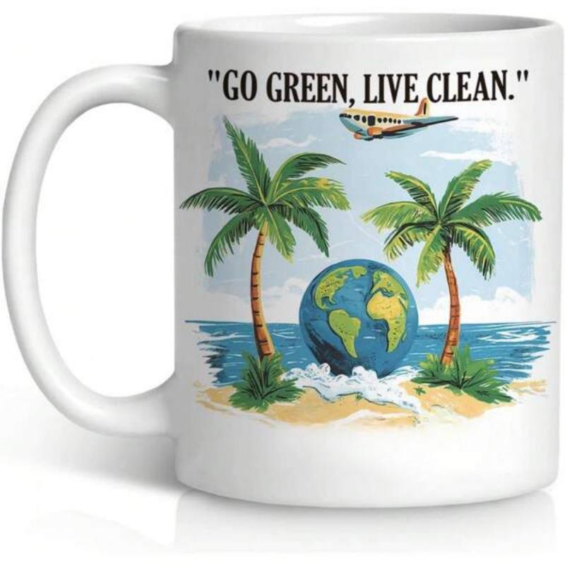 Tailorly White Ceramic 11 oz Mug - Go Green Live Clean Tropical Palms And Airplane Flying Over A Serene Ocean Beach Globe