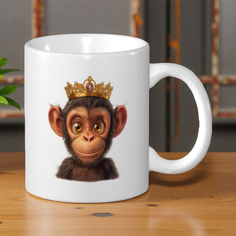 Tailorly White Ceramic 11 oz Mug - Cute Chimpanzee Wearing A Royal Golden Crown With Ornate Details Monkey