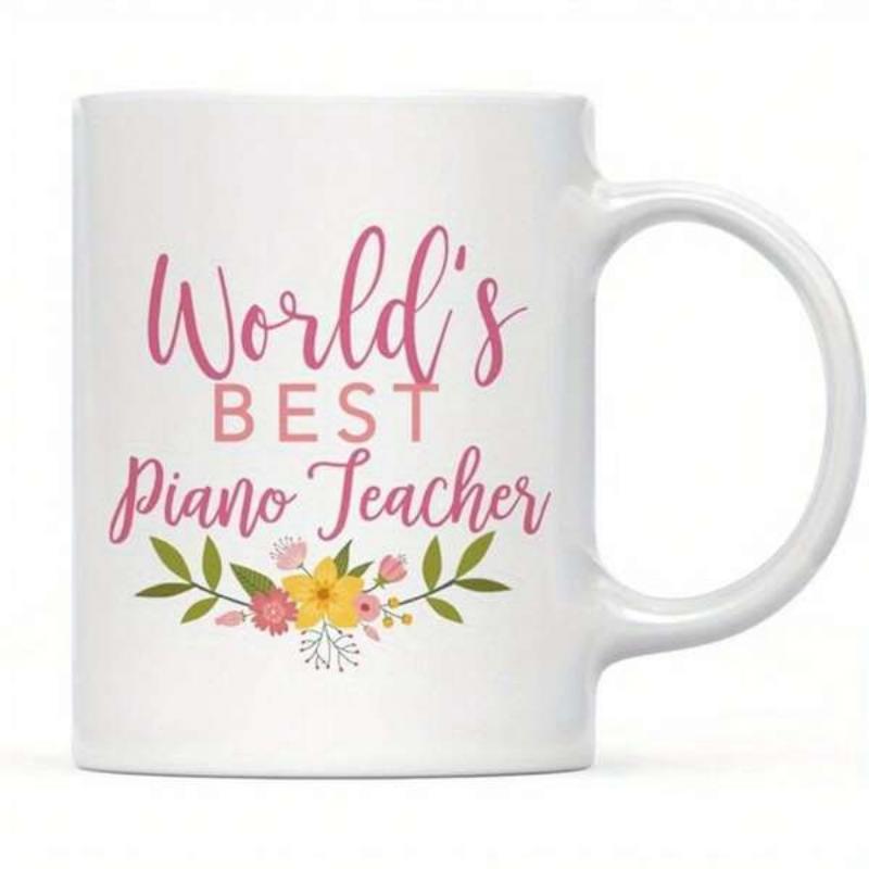 Tailorly White Ceramic 11 oz Mug - Worlds Best Piano Teacher Elegant Floral Arrangement Featuring Delicate Pink And Yellow Blossoms With Green Leaves Teacher