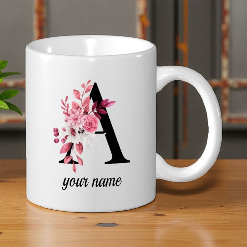 Tailorly White Ceramic 11 oz Mug - Your Name Pink Watercolor Flowers Wrapped Around A Classic Black Serif Letter