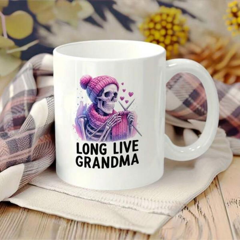 Tailorly White Ceramic 11 oz Mug - Long Live Grandma Pink Knitted Beanie And Scarf While Knitting With Floating Hearts Skeleton