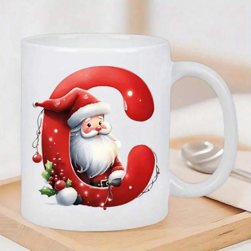 Tailorly White Ceramic 11 oz Mug - Festive Christmas Illustration Within Large Glossy Red Alphabet Letter Santa Claus