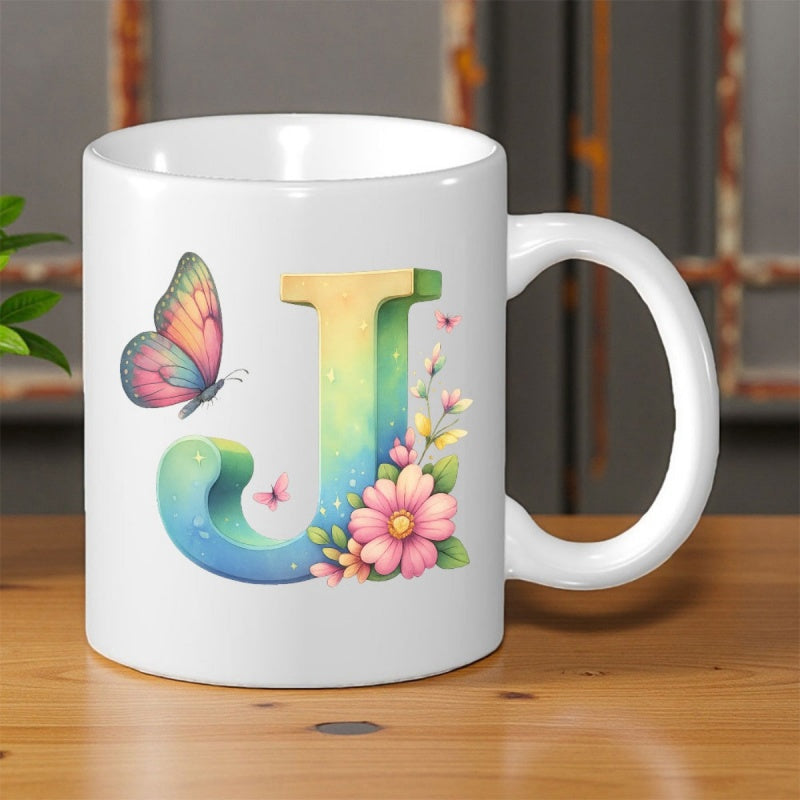 Tailorly White Ceramic 11 oz Mug - J Vibrant Colorful Butterfly Among Blooming Pink Flowers And A Pastel 3D Letter
