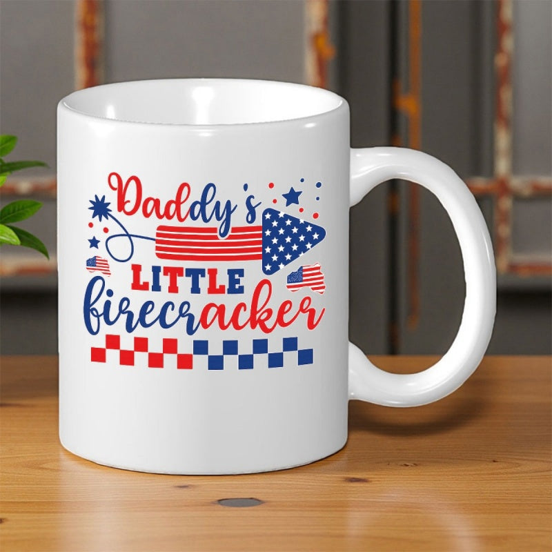Tailorly White Ceramic 11 oz Mug - Daddy's Little Firecracker Patriotic Rocket With Stars And Stripes In Red White Blue Firecracker