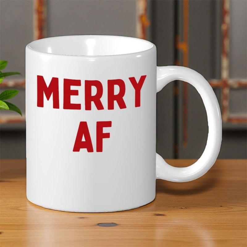 Tailorly White Ceramic 11 oz Mug - Merry AF Bold Red Lettering Festive Holiday Spirit Celebrating Joyful Seasonal Sign