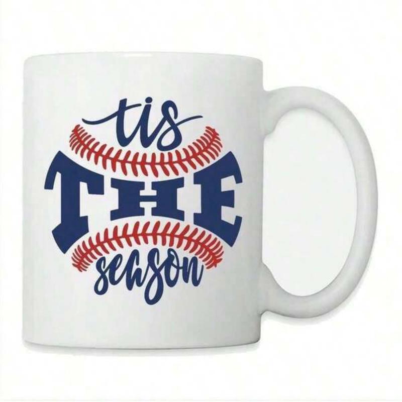 Tailorly White Ceramic 11 oz Mug - Tis The Season Artistic Red Stitches Circular Frame With Bold Navy Lettering Sporting Baseball