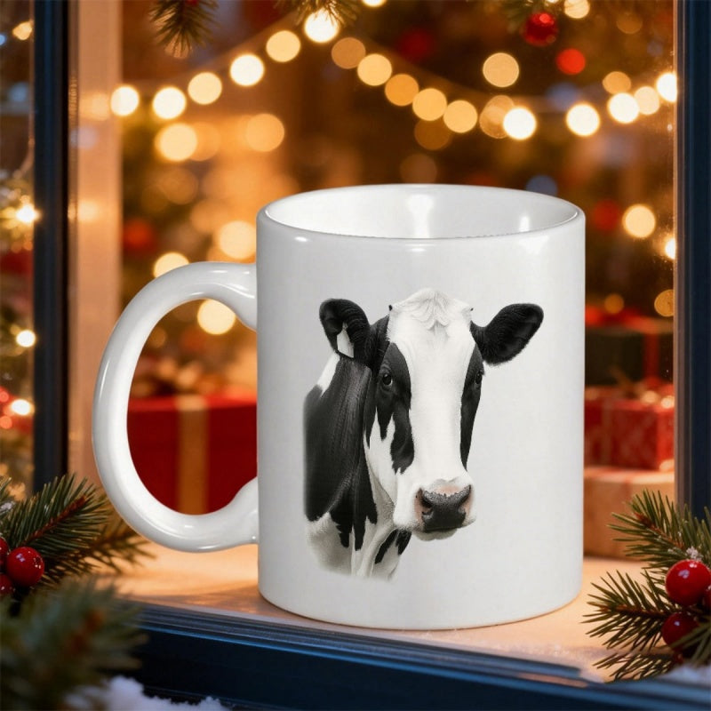 Tailorly White Ceramic 11 oz Mug - Hand Painted Style Realistic Black And White Dairy Farm Animal Cow