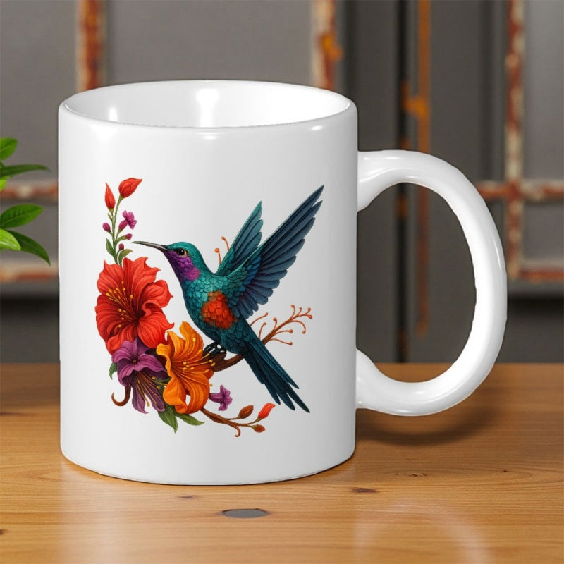Tailorly White Ceramic 11 oz Mug - Vibrant Colorful Hummingbird Flying Near Exotic Red Hibiscus And Orange Flowers Hummingbird