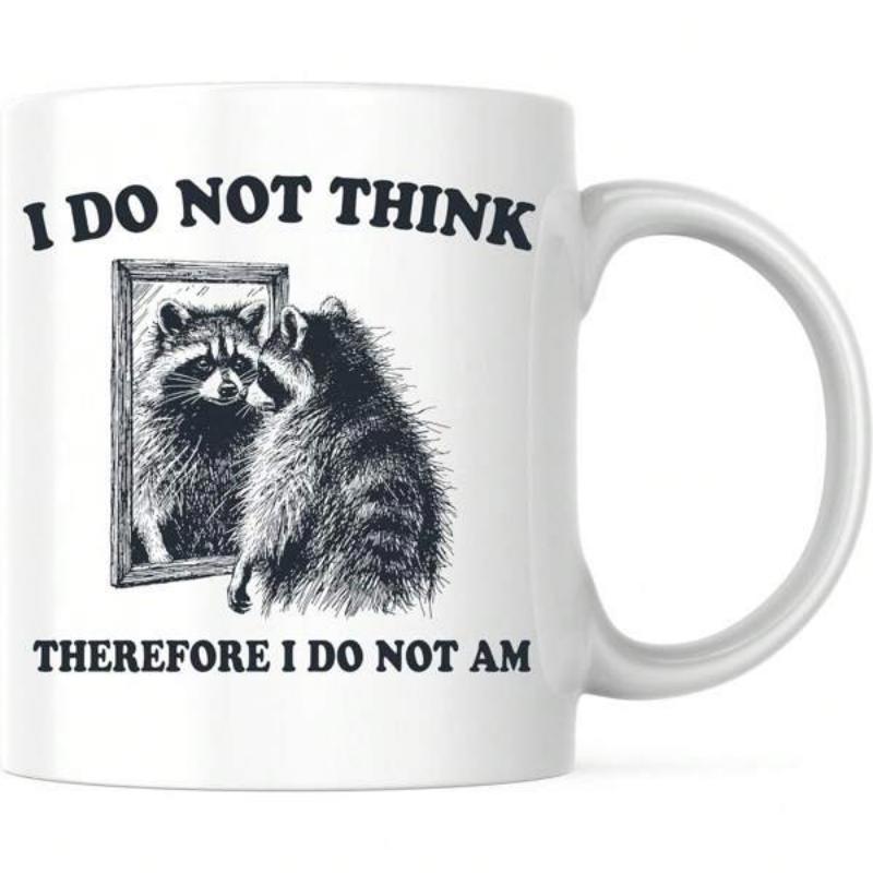 Tailorly White Ceramic 11 oz Mug - I Do Not Think Therefore I Do Not Am Vintage Hand Drawn Sketch Of A Mirror Gazing Woodland Animal Raccoon