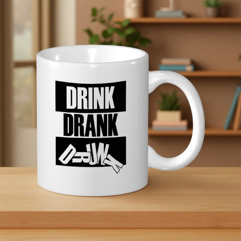 Tailorly White Ceramic 11 oz Mug - Drink Drank Drunk Modern Minimalist Typographic Design With Bold Black Blocks And Falling Letters Mug