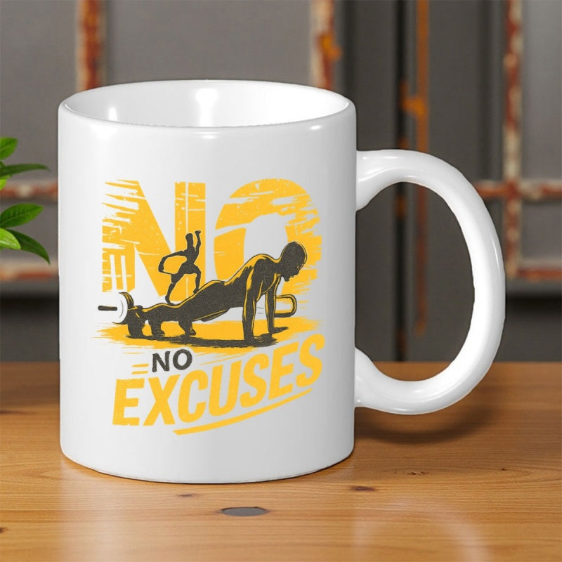 Tailorly White Ceramic 11 oz Mug - Time No Excuses Strong Body Weight Training With Barbell And Active Running Person Athlete