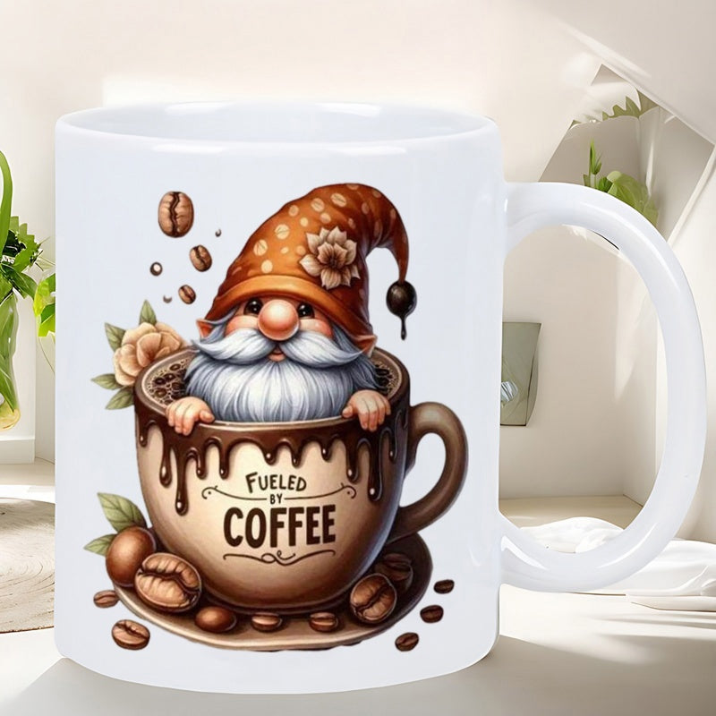 Tailorly White Ceramic 11 oz Mug - Fueled By Coffee Whimsical Bearded Character Sitting Within Warm Ceramic Coffee Mug Gnome