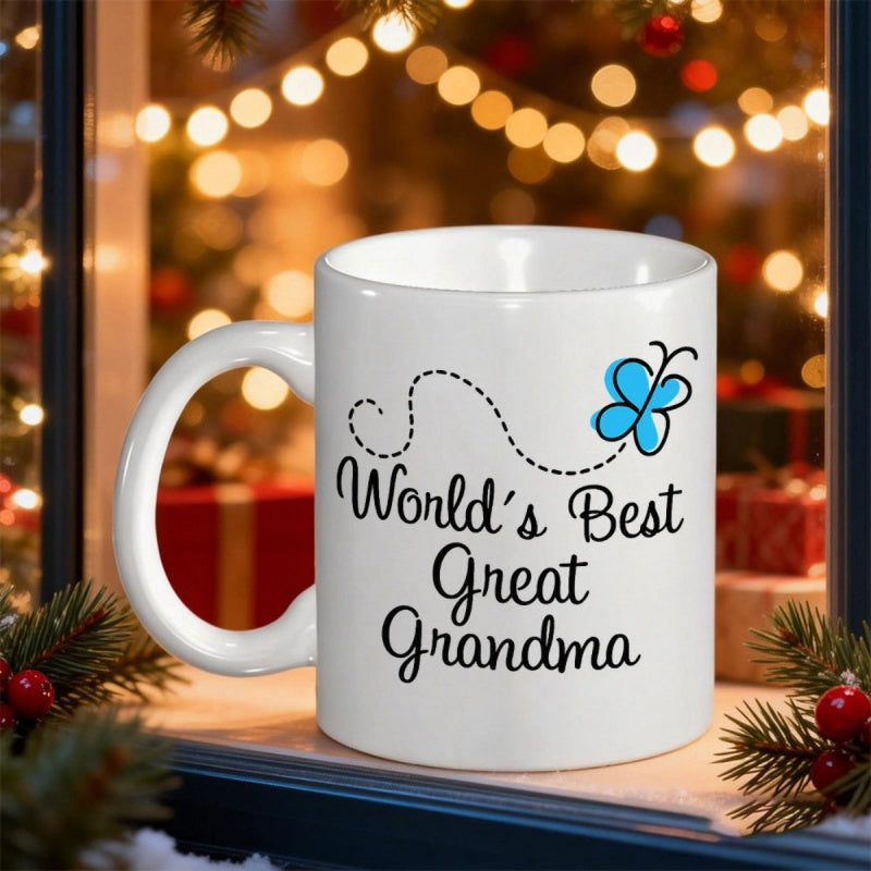 Tailorly White Ceramic 11 oz Mug - World's Best Great Grandma Graceful Blue Butterfly With Dotted Flight Path Floating Above Script Lettering Butterfly
