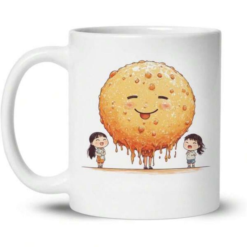 Tailorly White Ceramic 11 oz Mug - Happy Glowing Orange Sphere Among Two Small Adoring Chibi Style Girls Character