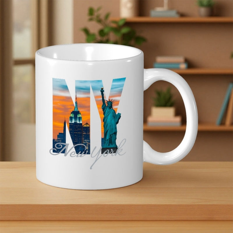 Tailorly White Ceramic 11 oz Mug - NY New York Iconic Statue Of Liberty With Empire State Building Under Vibrant Sunset Skyline Mug
