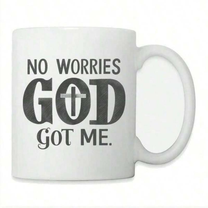 Tailorly White Ceramic 11 oz Mug - No Worries God Got Me Minimalist Typography Featuring A Symbolic Religious Cross Within Bold Letters Mug