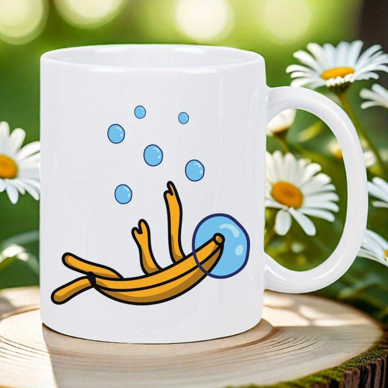 Tailorly White Ceramic 11 oz Mug - Whimsical Cartoon Scuba Diving Floating Under Water With Blue Bubbles Banana