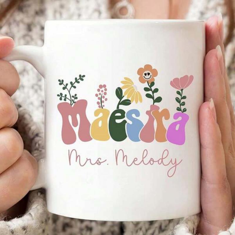 Tailorly White Ceramic 11 oz Mug - Mrs Melody Colorful Groovy Retro Garden Blooms Growing From Artistic Script Flower