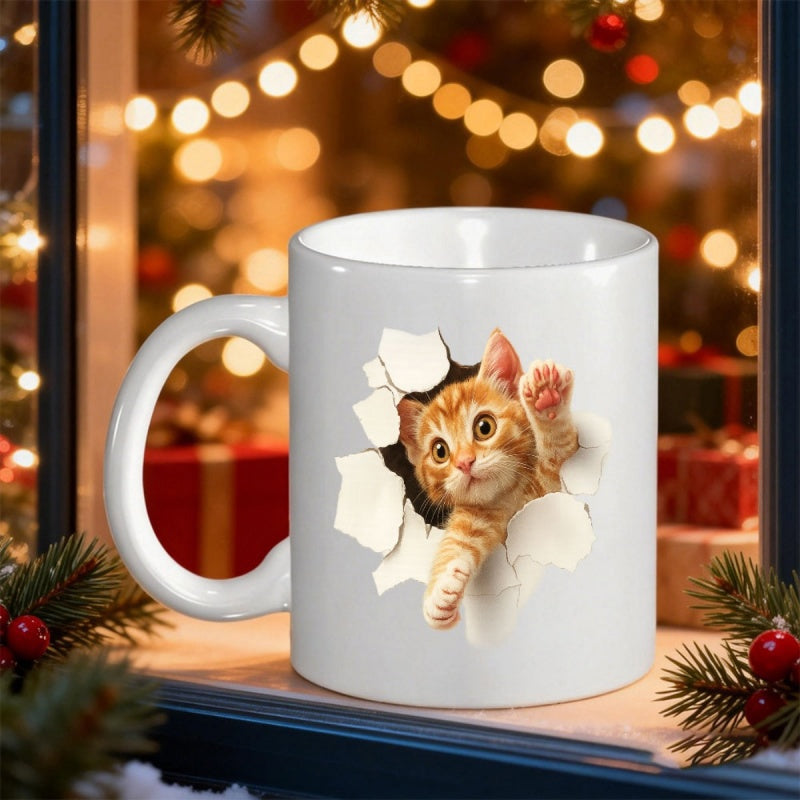 Tailorly White Ceramic 11 oz Mug - Cute Orange Tabby Peeking Through A Broken White Hole Kitten